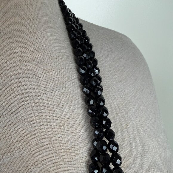 Vintage Faceted Black Crystal Triple Strand Bead Necklace Rhinestone Accents - Picture 6 of 9